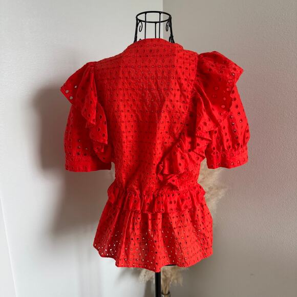 J.Crew Orange Red Eyelet Wrap Cotton Blouse with Ruffle Sleeves – Size Small - Picture 3 of 8